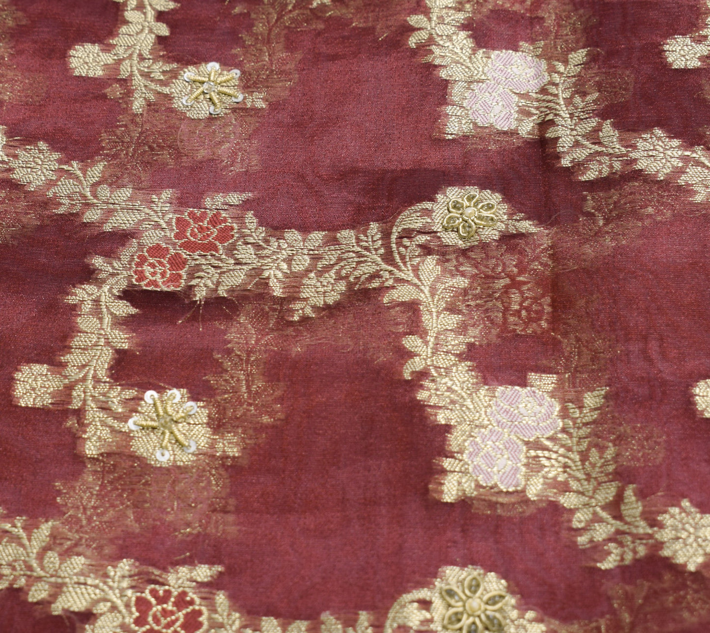 Sushila Vintage Maroon Art Tissue Saree Woven Zari Embellish HEAVY Sari Fabric