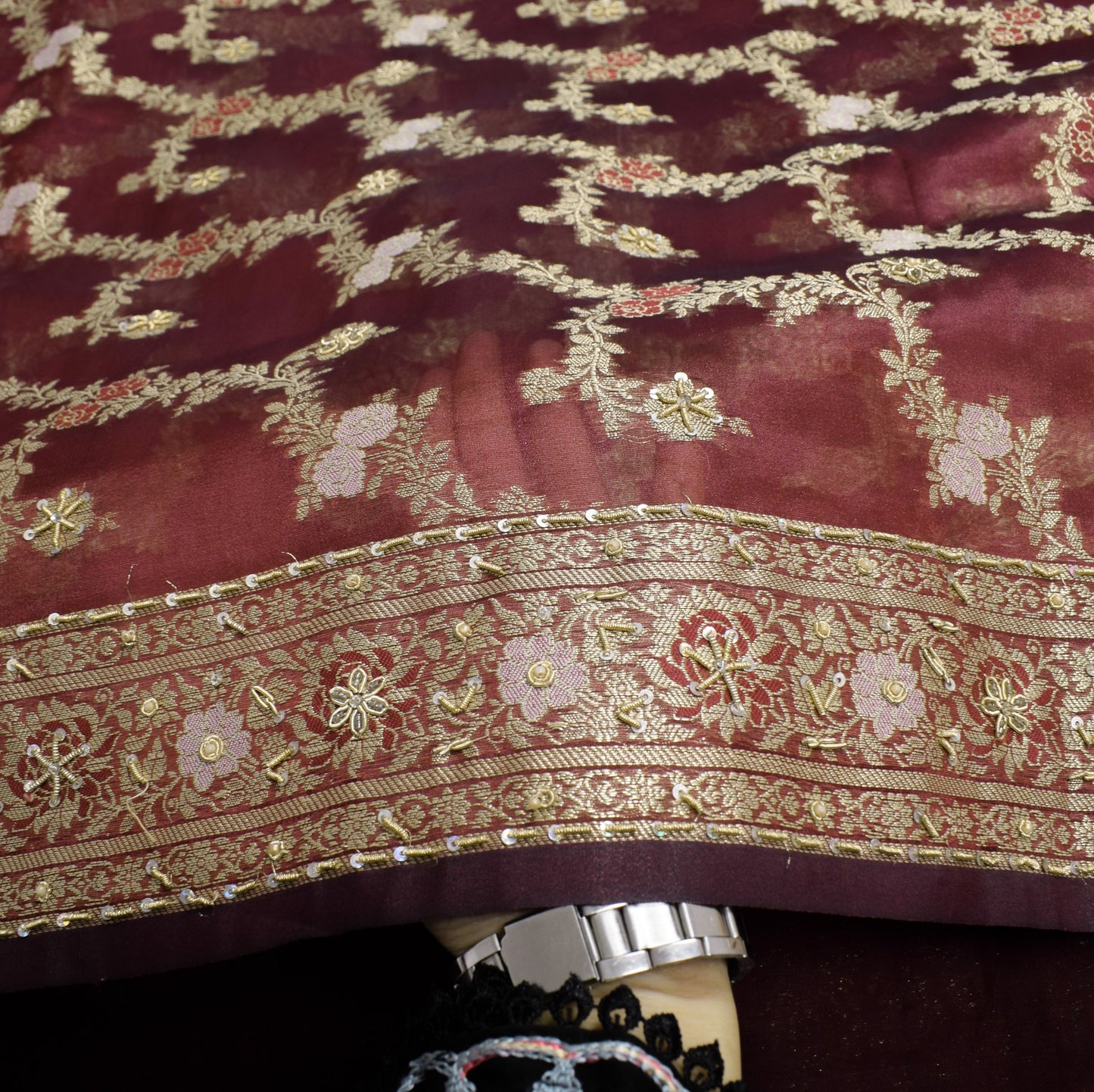 Sushila Vintage Maroon Art Tissue Saree Woven Zari Embellish HEAVY Sari Fabric