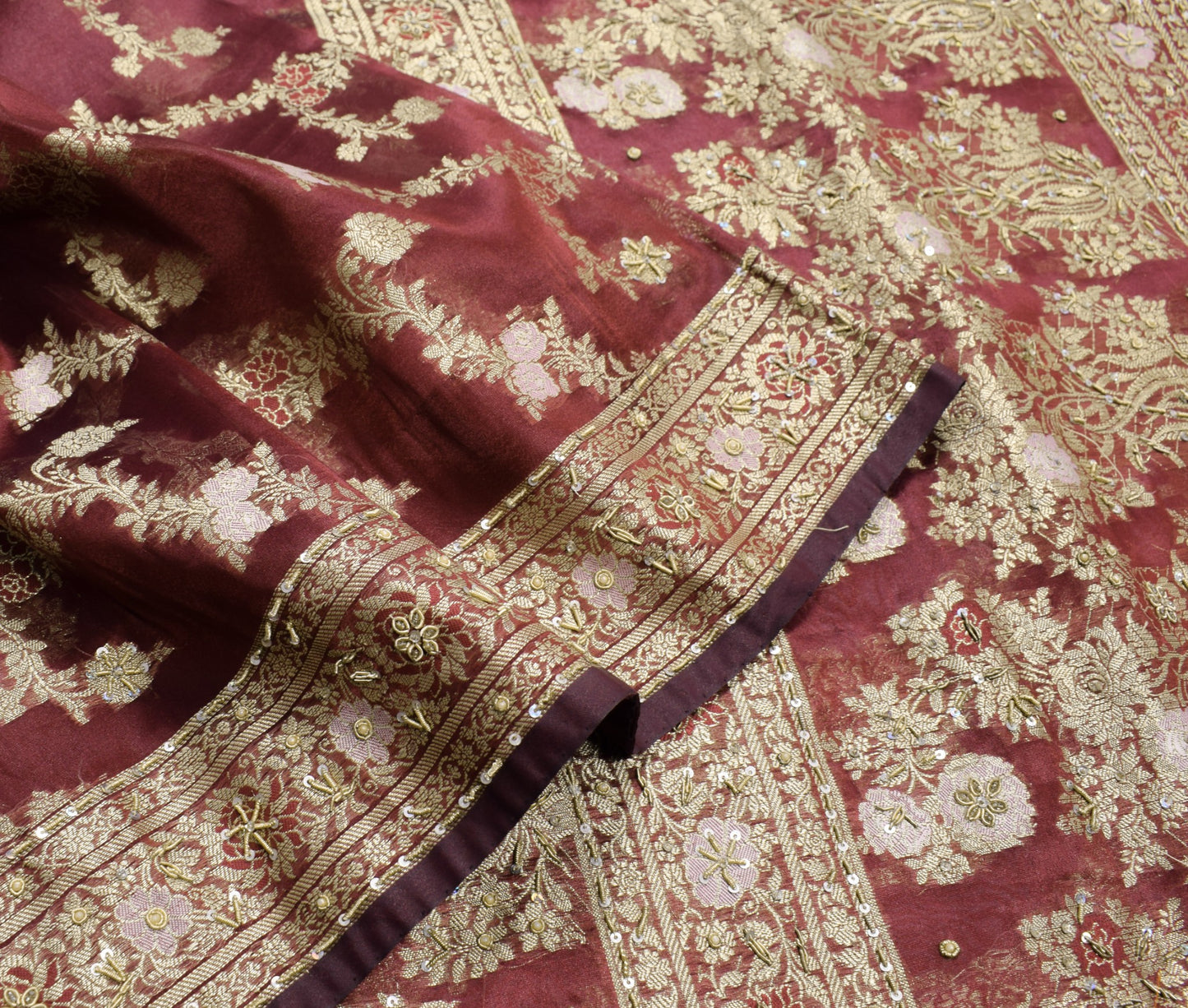 Sushila Vintage Maroon Art Tissue Saree Woven Zari Embellish HEAVY Sari Fabric