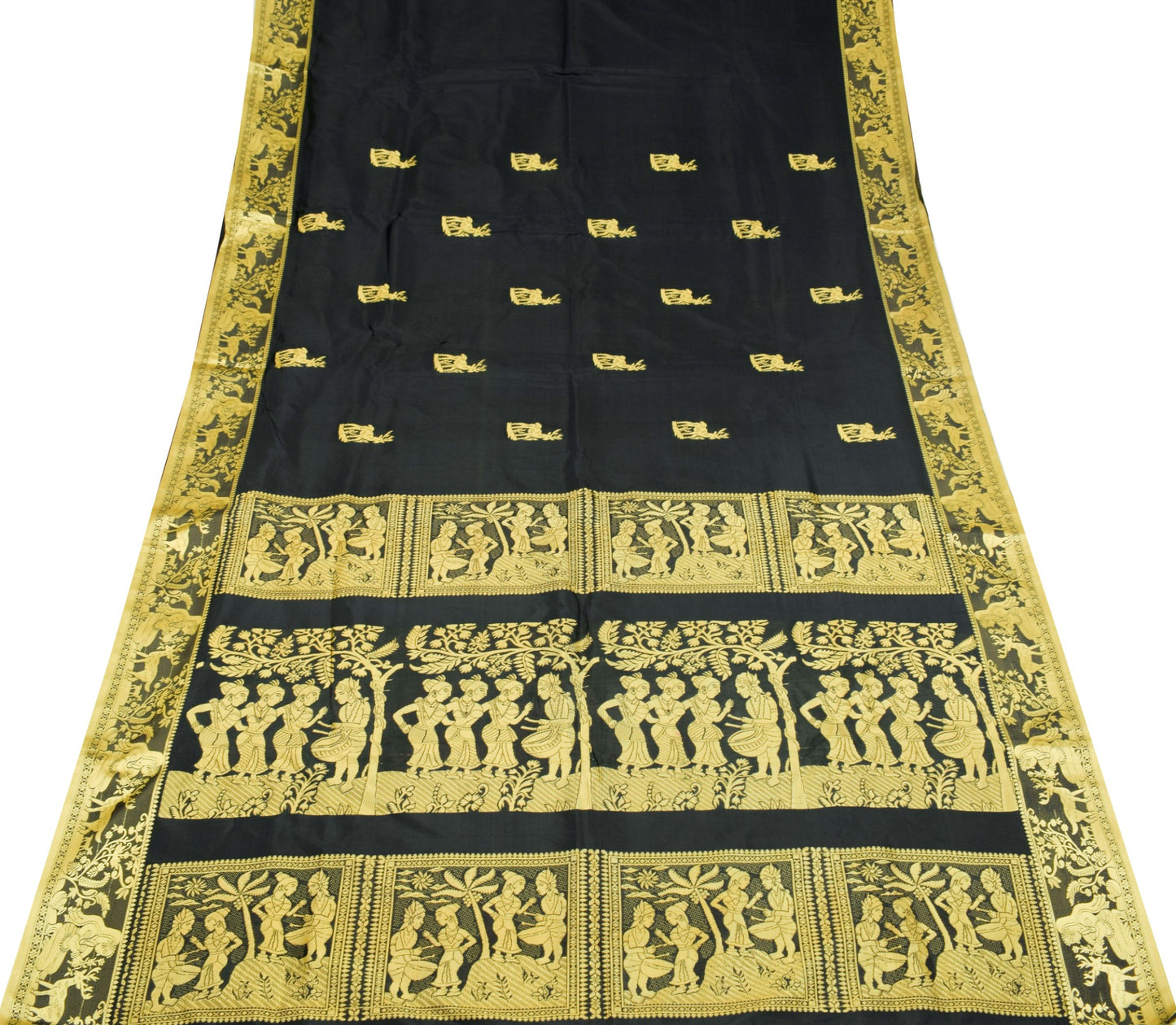Sushila Vintage Black figure Sari Pure Mulberry Silk Baluchari Handloom Saree