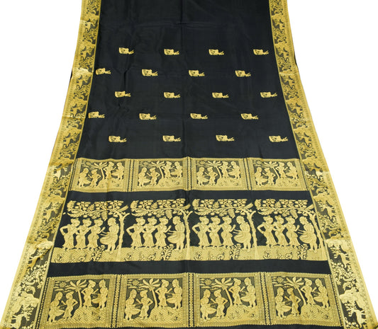 Sushila Vintage Black figure Sari Pure Mulberry Silk Baluchari Handloom Saree