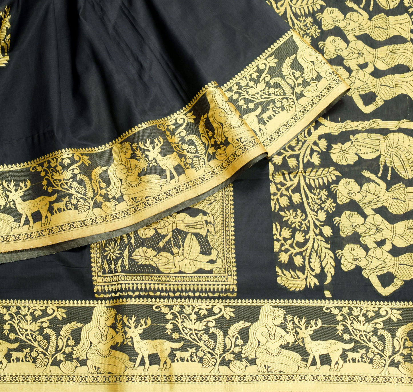 Sushila Vintage Black figure Sari Pure Mulberry Silk Baluchari Handloom Saree