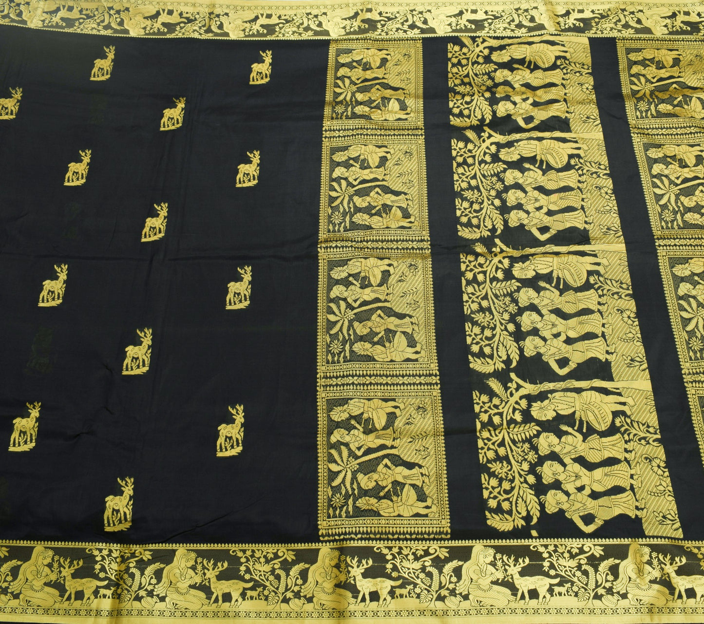 Sushila Vintage Black figure Sari Pure Mulberry Silk Baluchari Handloom Saree