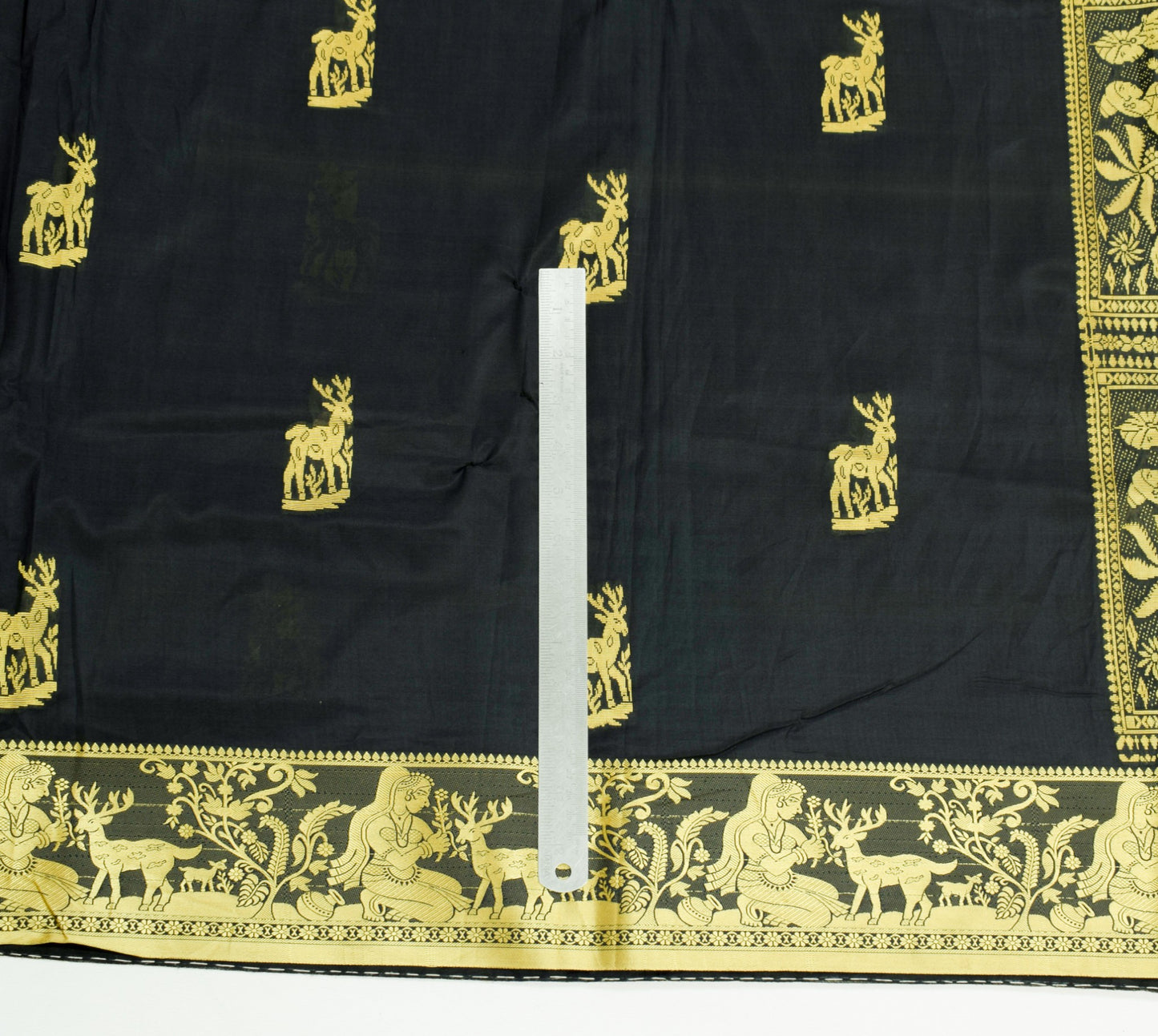 Sushila Vintage Black figure Sari Pure Mulberry Silk Baluchari Handloom Saree