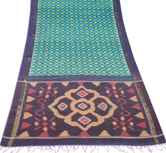 Sushila Vintage Sky Blue Saree Pure Cotton Silk Hand Woven Pochampally Ikat Sari