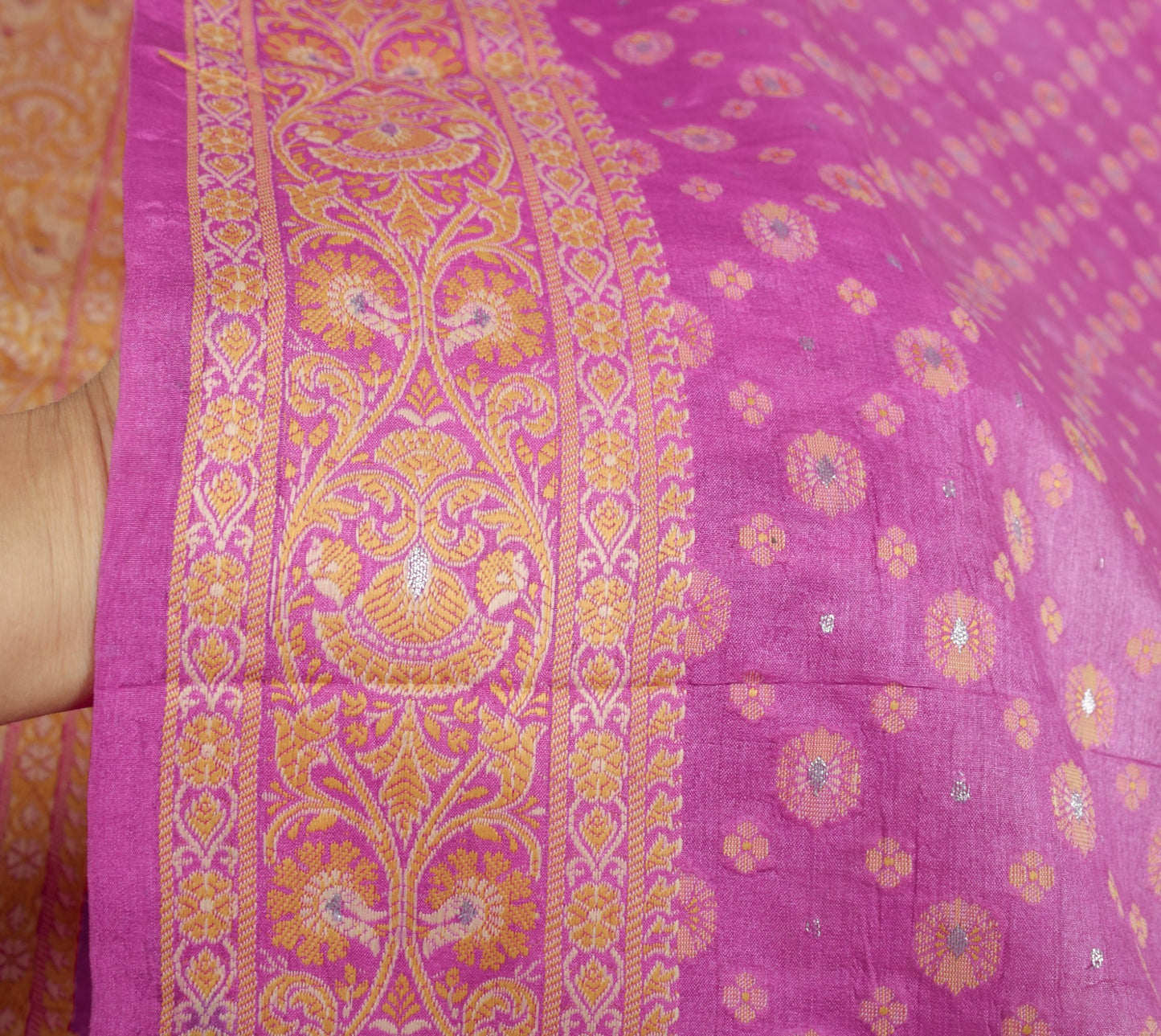 Sushila Vintage Pink Floral Saree Pure Tussar Silk Woven 5Yds Sari Craft Fabric