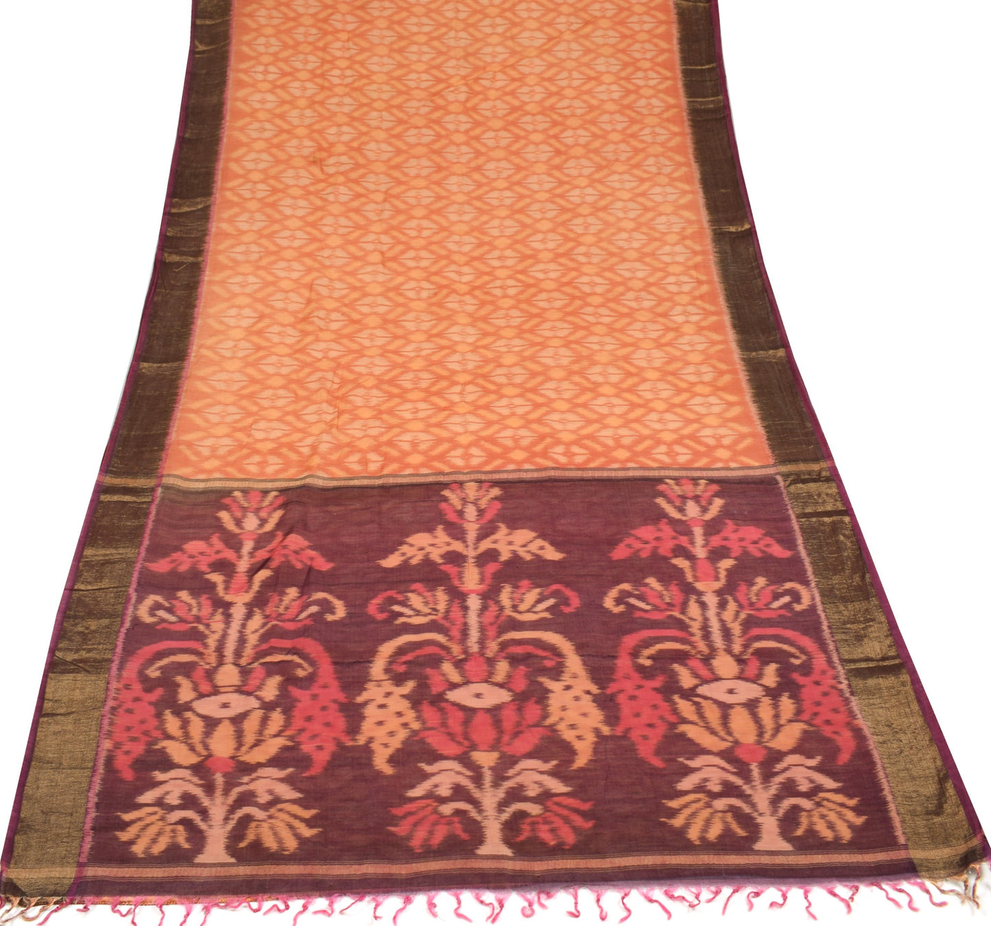 Sushila Vintage Peach Saree Pure Cotton Silk Hand Woven Pochampally Ikat Sari