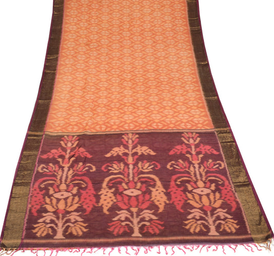 Sushila Vintage Peach Saree Pure Cotton Silk Hand Woven Pochampally Ikat Sari