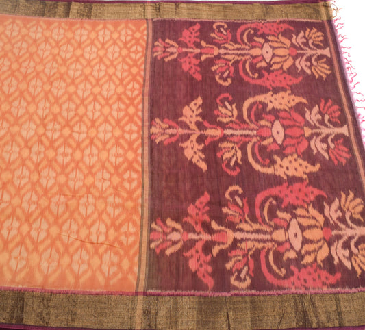 Sushila Vintage Peach Saree Pure Cotton Silk Hand Woven Pochampally Ikat Sari