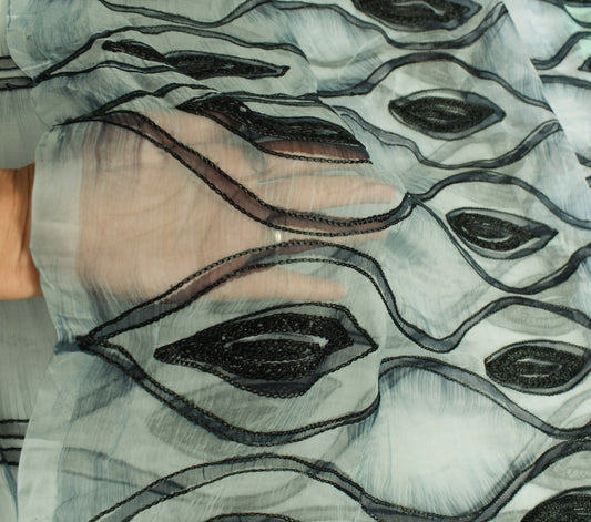 Sushila Vintage Pure Chiffon Silk Saree Chain Stitch Embroidery 6Yds Sari Fabric