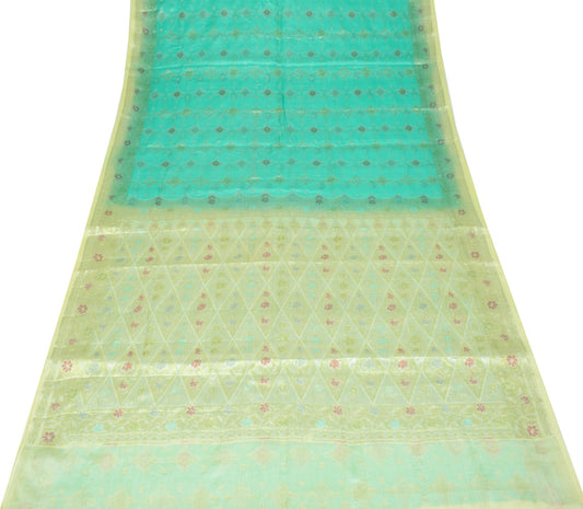 Sushila Vintage Aqua Green Saree Pure Tussar Silk Floral Zari Woven Sari Fabric