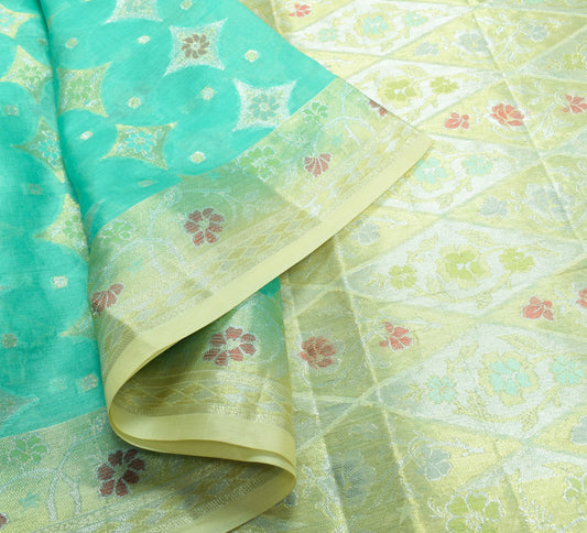 Sushila Vintage Aqua Green Saree Pure Tussar Silk Floral Zari Woven Sari Fabric