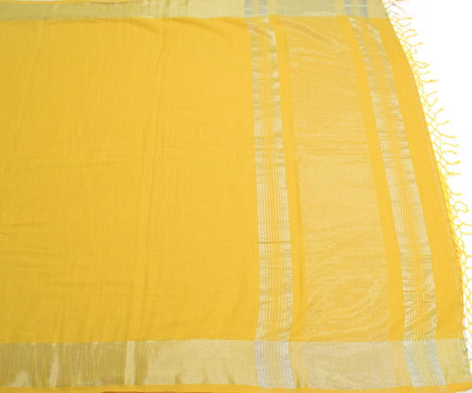 Sushila Vintage Pure Linen Handloom Saree Premium Yellow Soft Woven Sari Fabric