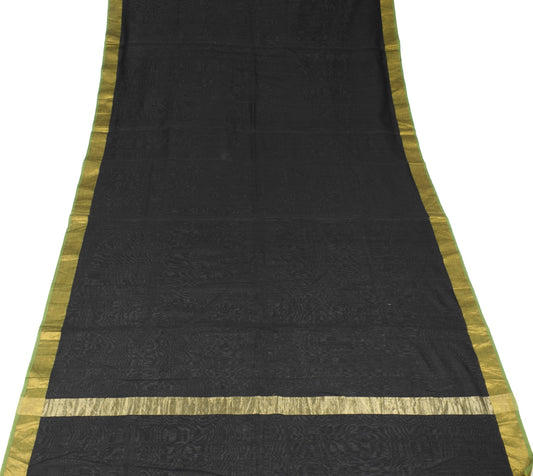 Sushila Vintage Black Saree with Gold Zari Border Pure Chanderi 6yds Sari Fabric