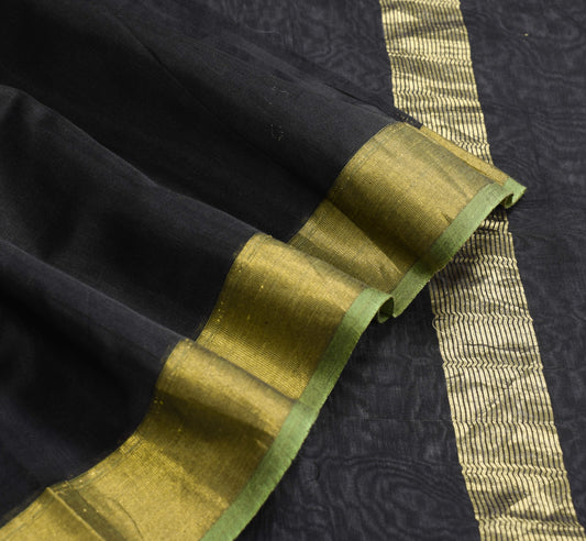 Sushila Vintage Black Saree with Gold Zari Border Pure Chanderi 6yds Sari Fabric