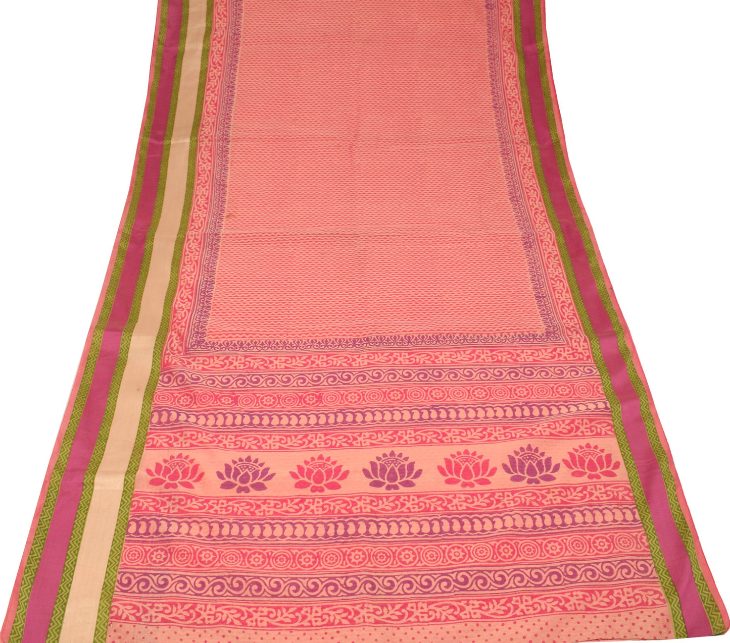 Sushila Vintage Peach Hand Block Saree with Woven Border Pure Cotton Silk Sari