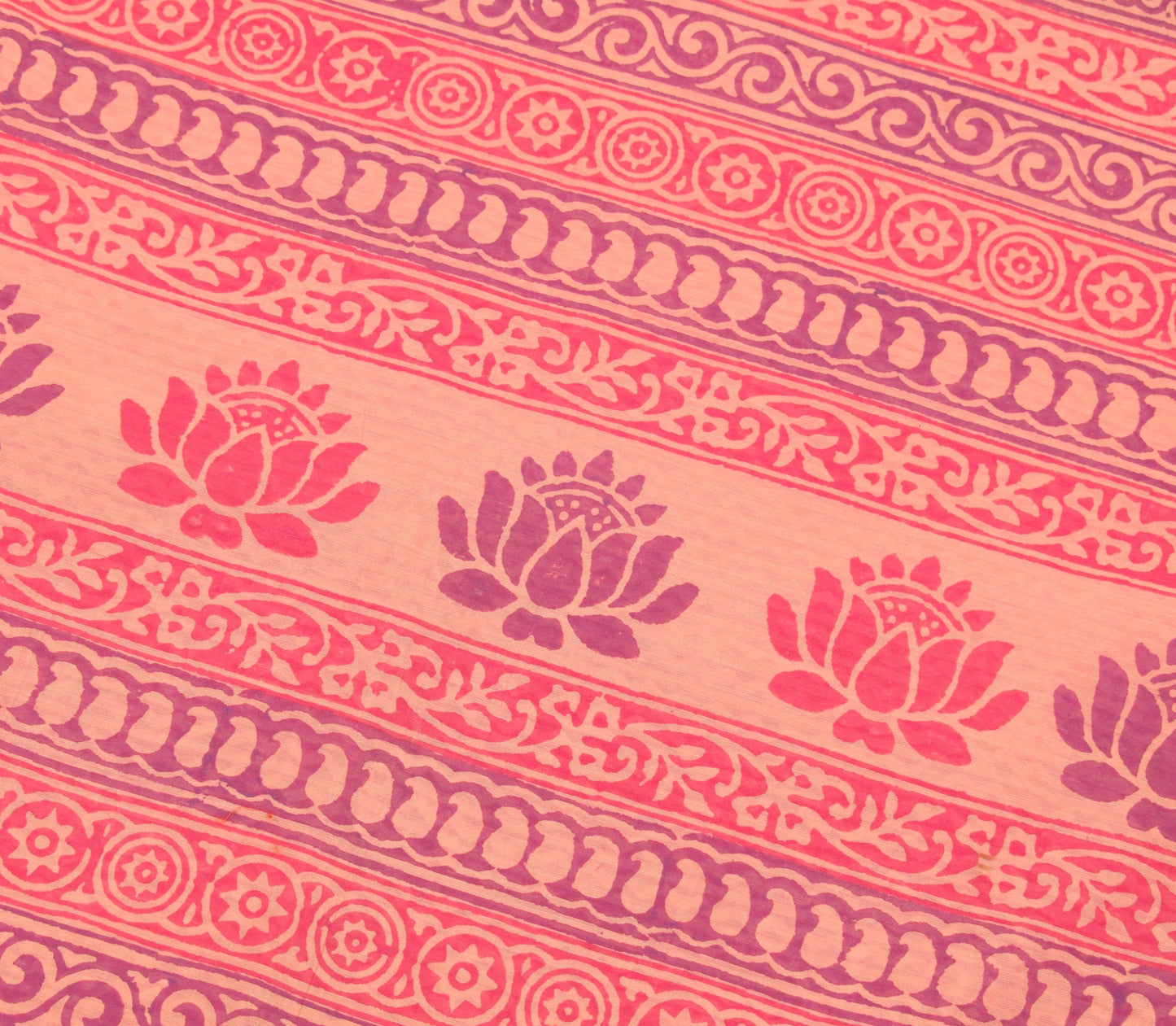 Sushila Vintage Peach Hand Block Saree with Woven Border Pure Cotton Silk Sari