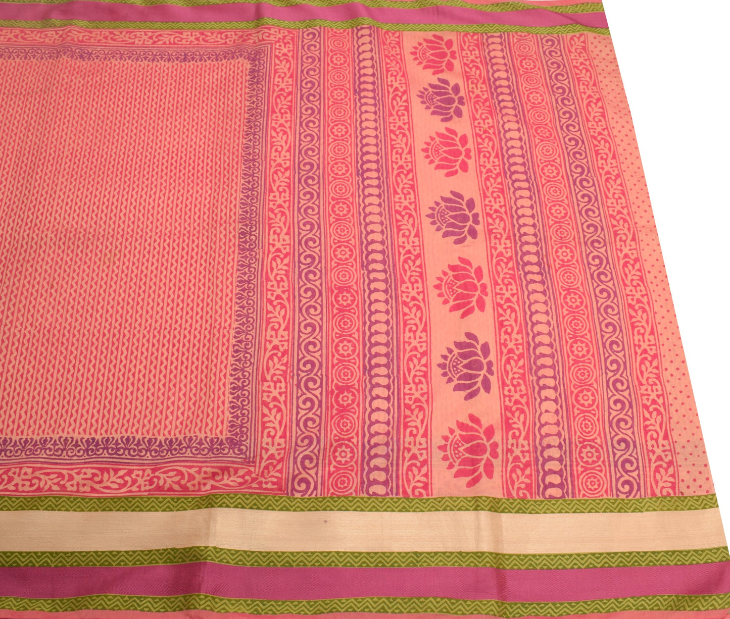 Sushila Vintage Peach Hand Block Saree with Woven Border Pure Cotton Silk Sari