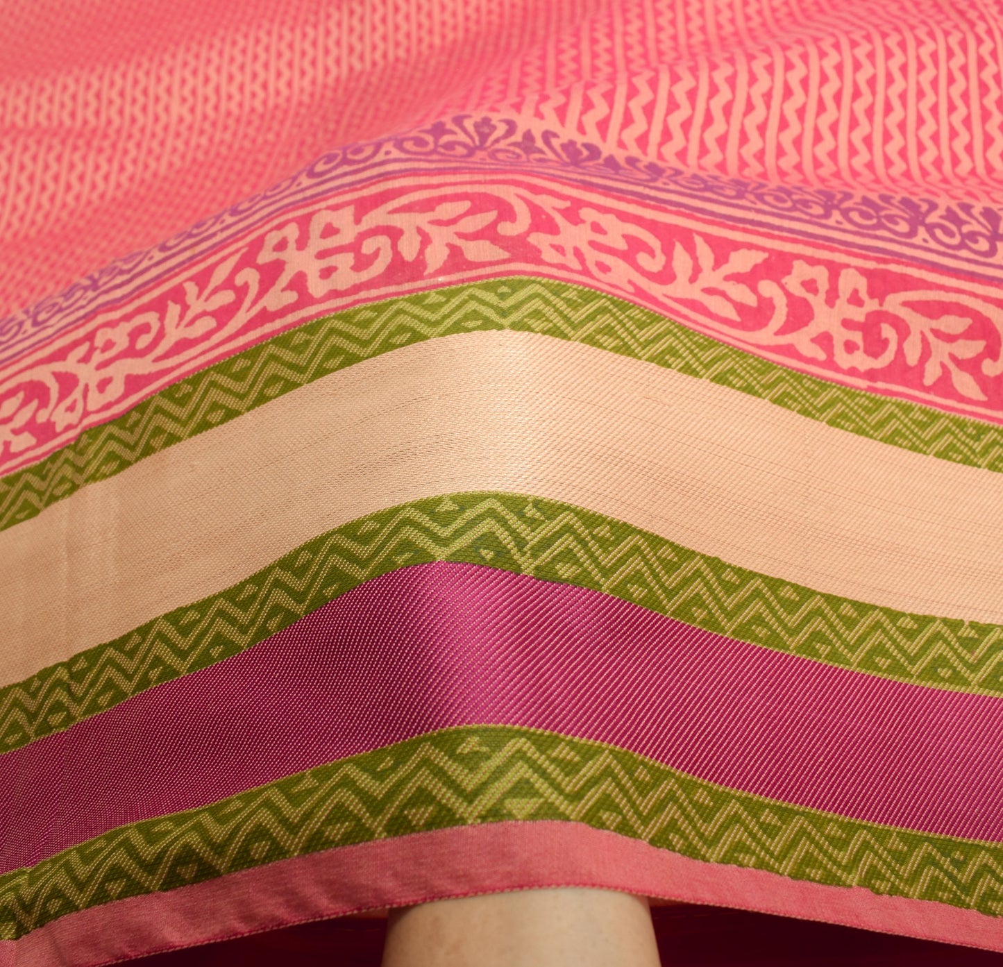 Sushila Vintage Peach Hand Block Saree with Woven Border Pure Cotton Silk Sari