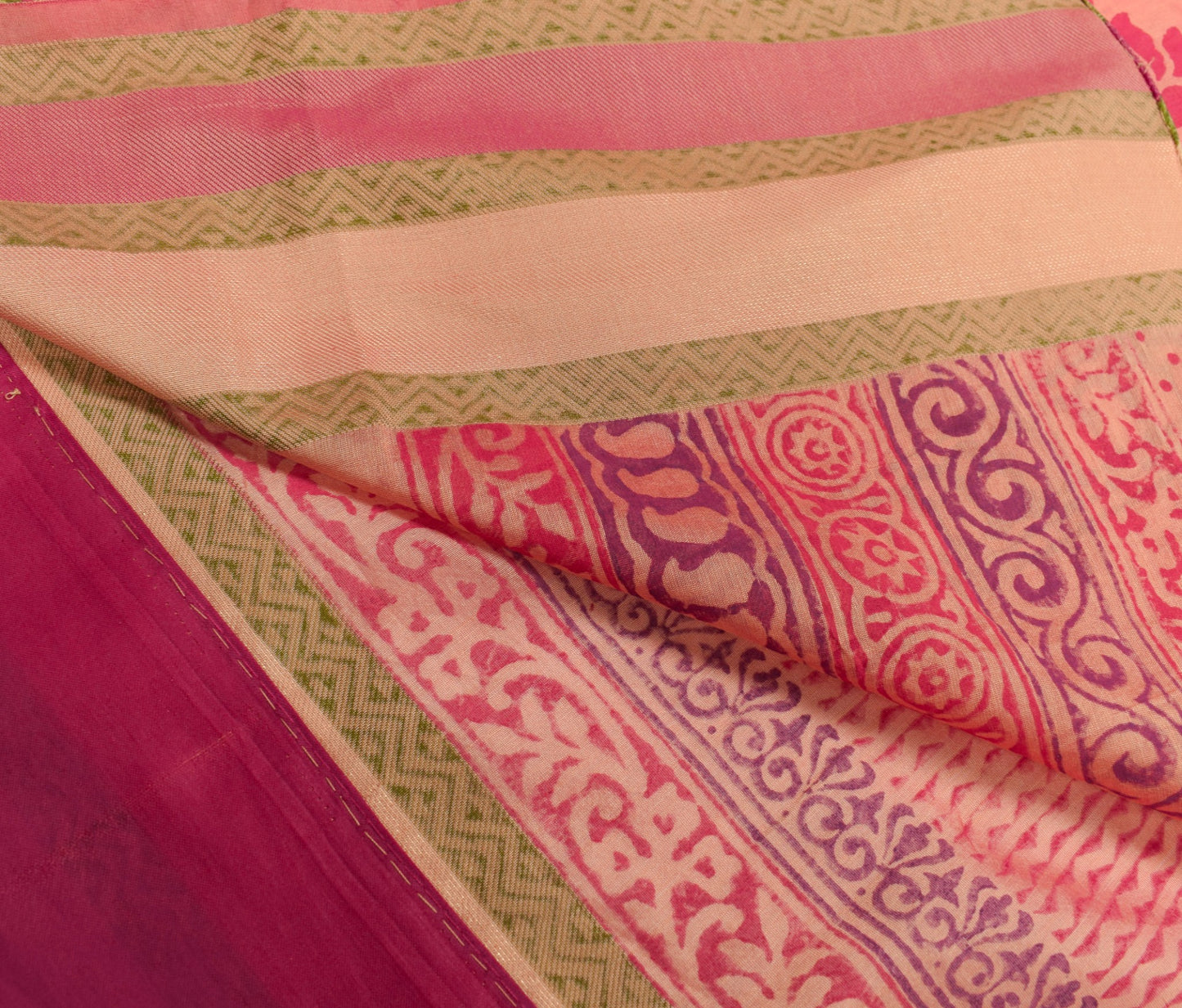 Sushila Vintage Peach Hand Block Saree with Woven Border Pure Cotton Silk Sari
