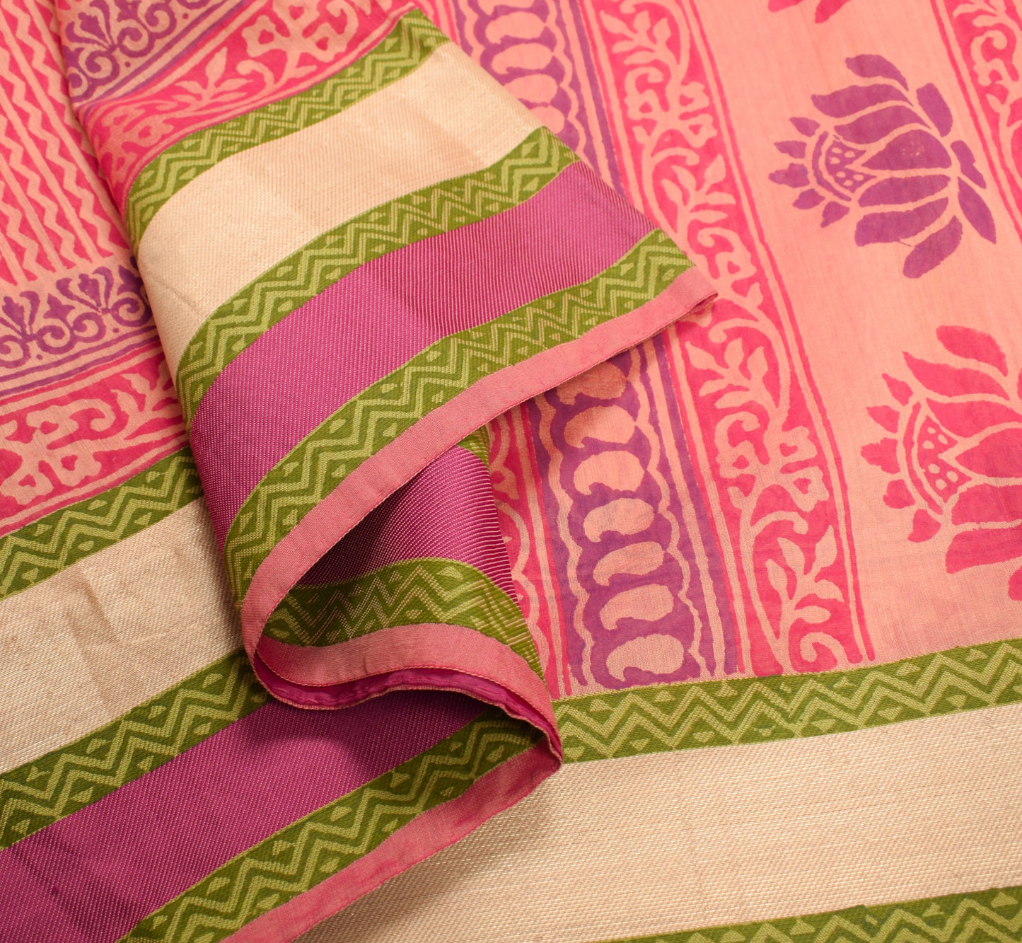 Sushila Vintage Peach Hand Block Saree with Woven Border Pure Cotton Silk Sari