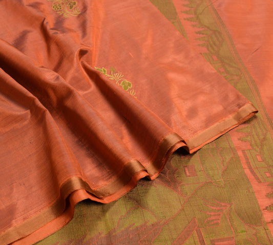 Sushila Vintage Rust Saree 100% Pure Silk Woven Floral Soft 6 Yard Sari Fabric