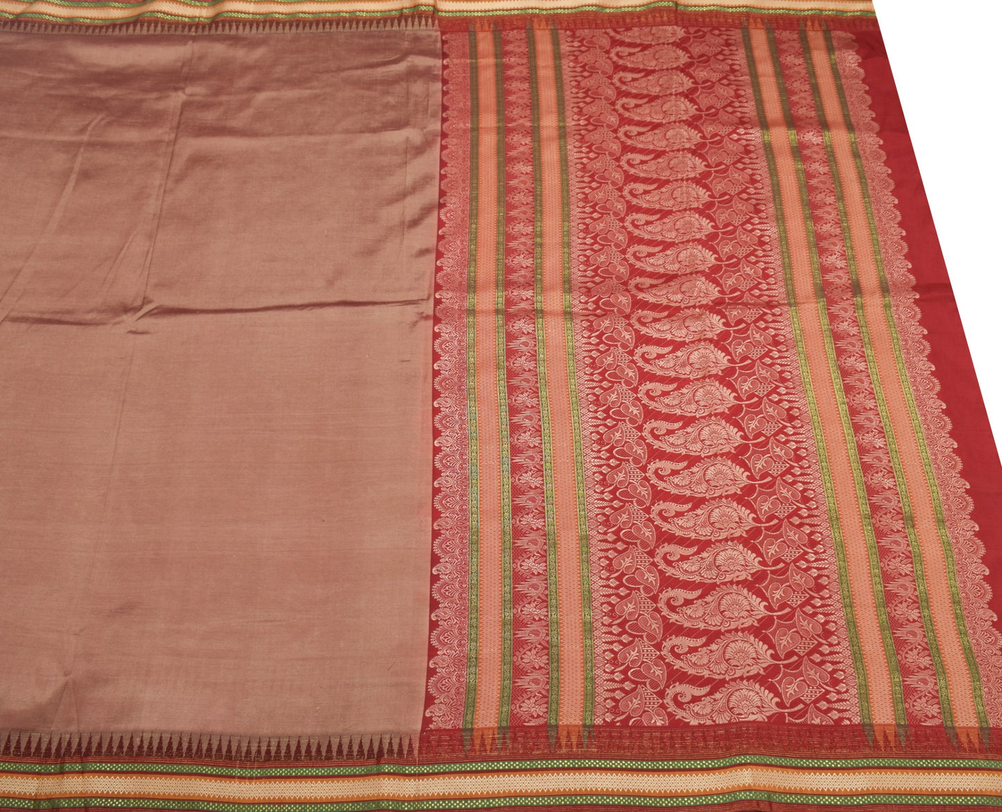 Sushila Vintage Pure Silk Saree Plain Body with Temple Border Sari Soft Fabric