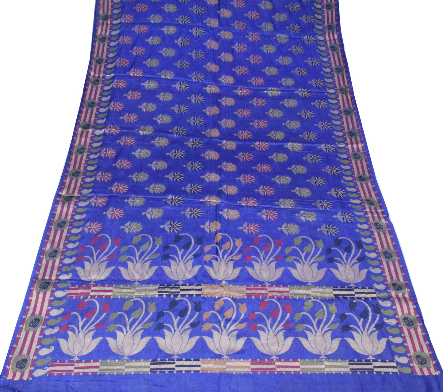 Sushila Vintage Blue Floral Saree Pure Tussar Silk All Over Woven Sari Fabric
