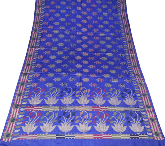 Sushila Vintage Blue Floral Saree Pure Tussar Silk All Over Woven Sari Fabric