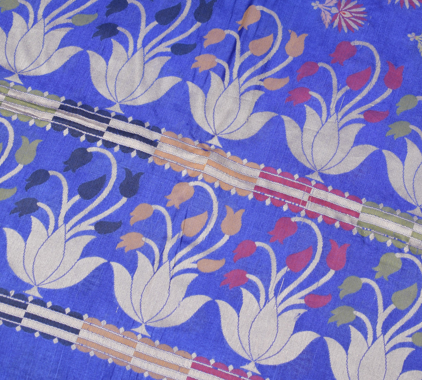 Sushila Vintage Blue Floral Saree Pure Tussar Silk All Over Woven Sari Fabric
