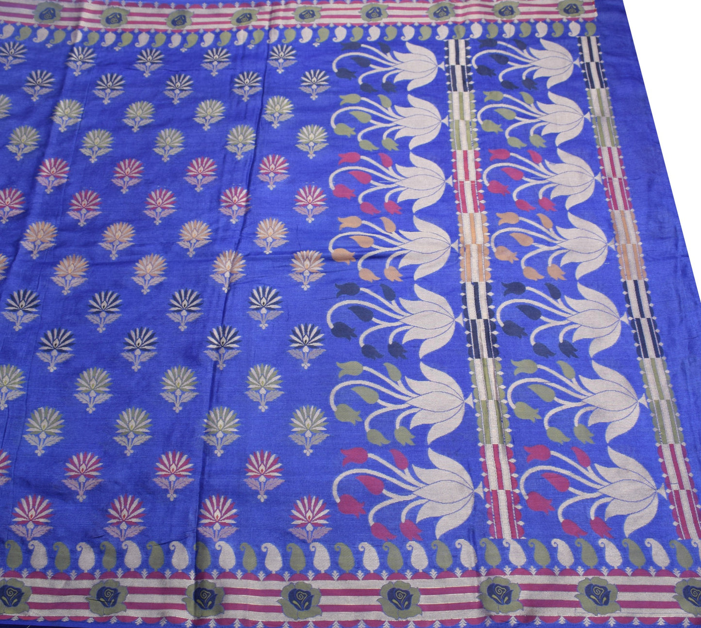 Sushila Vintage Blue Floral Saree Pure Tussar Silk All Over Woven Sari Fabric