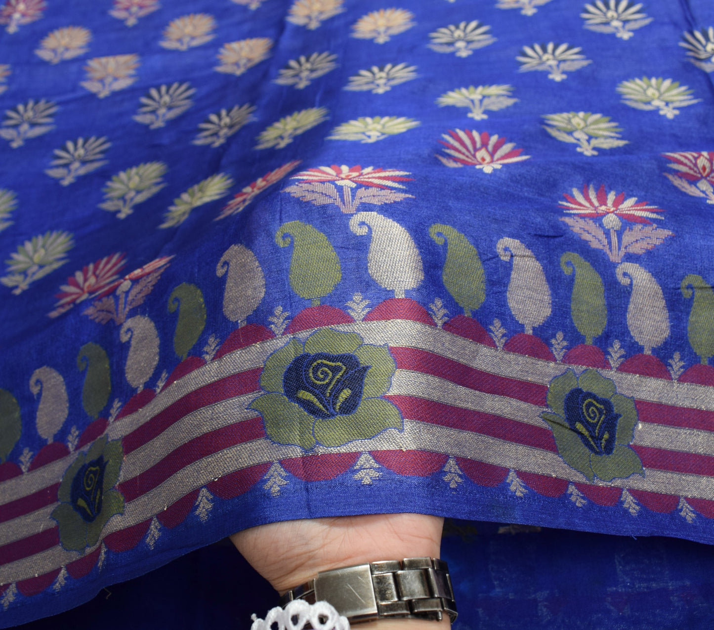 Sushila Vintage Blue Floral Saree Pure Tussar Silk All Over Woven Sari Fabric