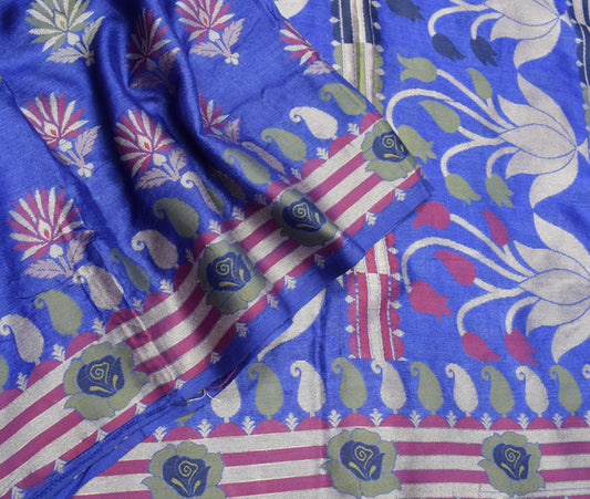 Sushila Vintage Blue Floral Saree Pure Tussar Silk All Over Woven Sari Fabric
