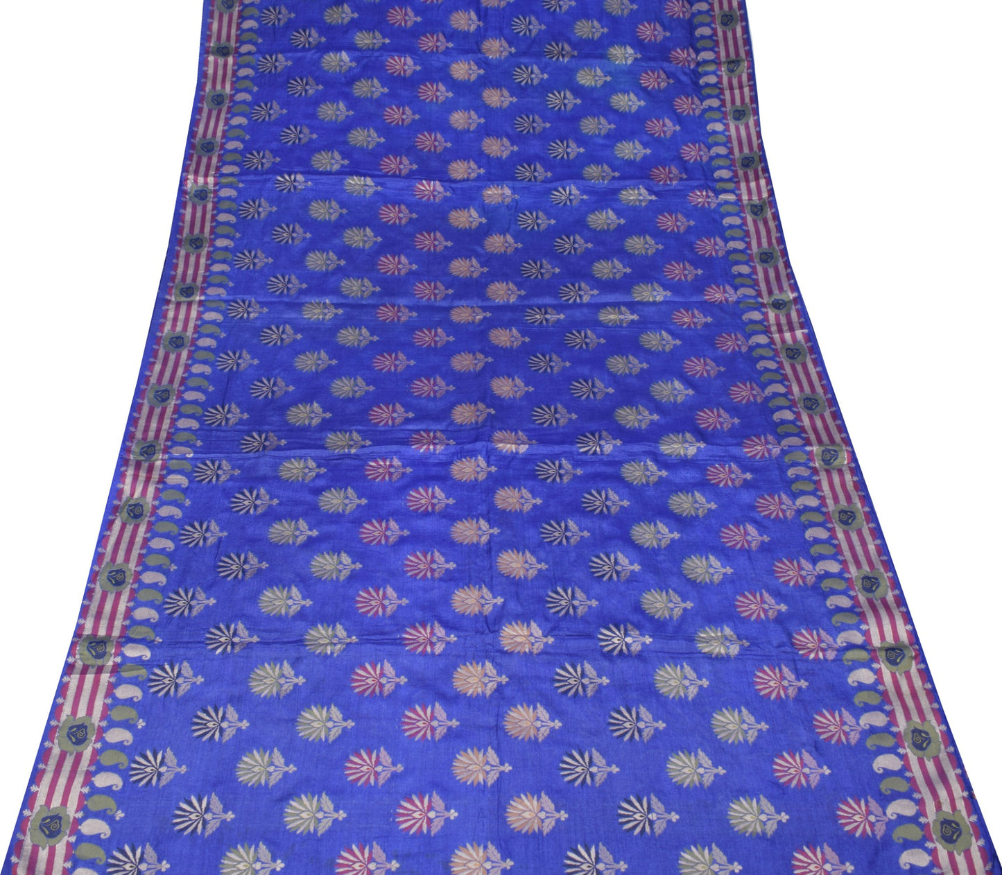 Sushila Vintage Blue Floral Saree Pure Tussar Silk All Over Woven Sari Fabric