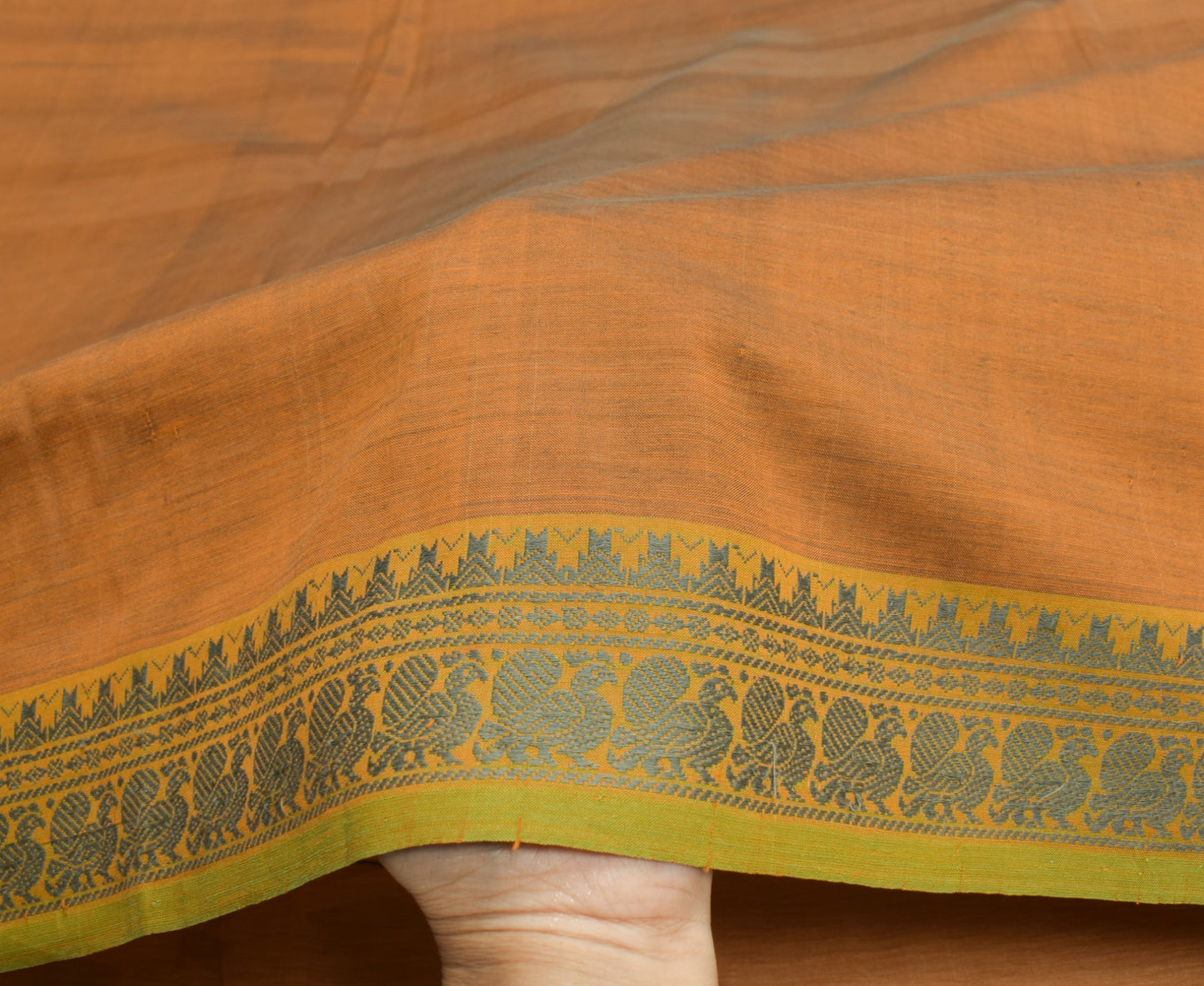 Sushila Vintage Mustard Saree Woven Peacock Border Pallu Pure Cotton Sari Fabric
