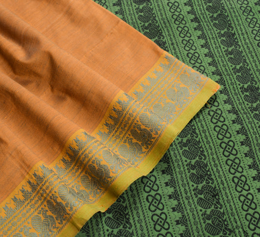 Sushila Vintage Mustard Saree Woven Peacock Border Pallu Pure Cotton Sari Fabric