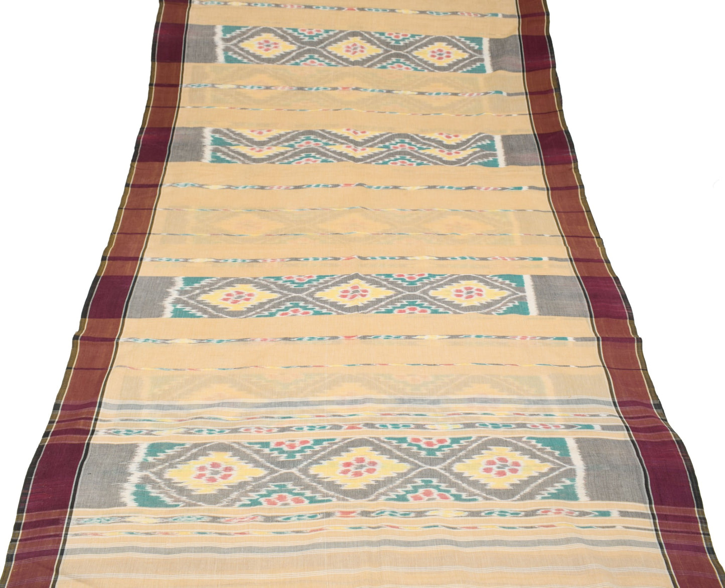 Sushila Vintage Beige Saree HandWoven Ikat Patola Pure Cotton Sari Craft Fabric