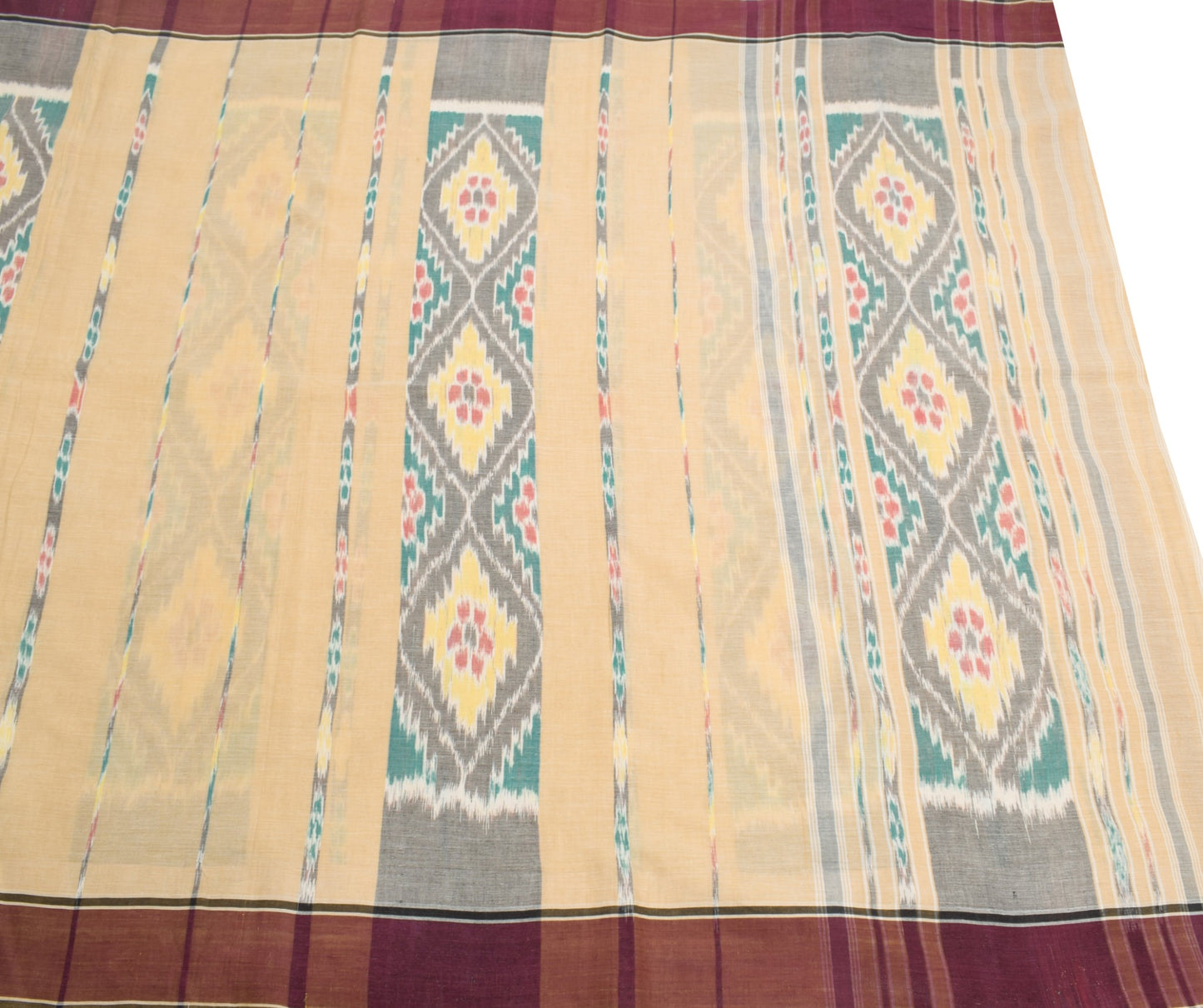 Sushila Vintage Beige Saree HandWoven Ikat Patola Pure Cotton Sari Craft Fabric