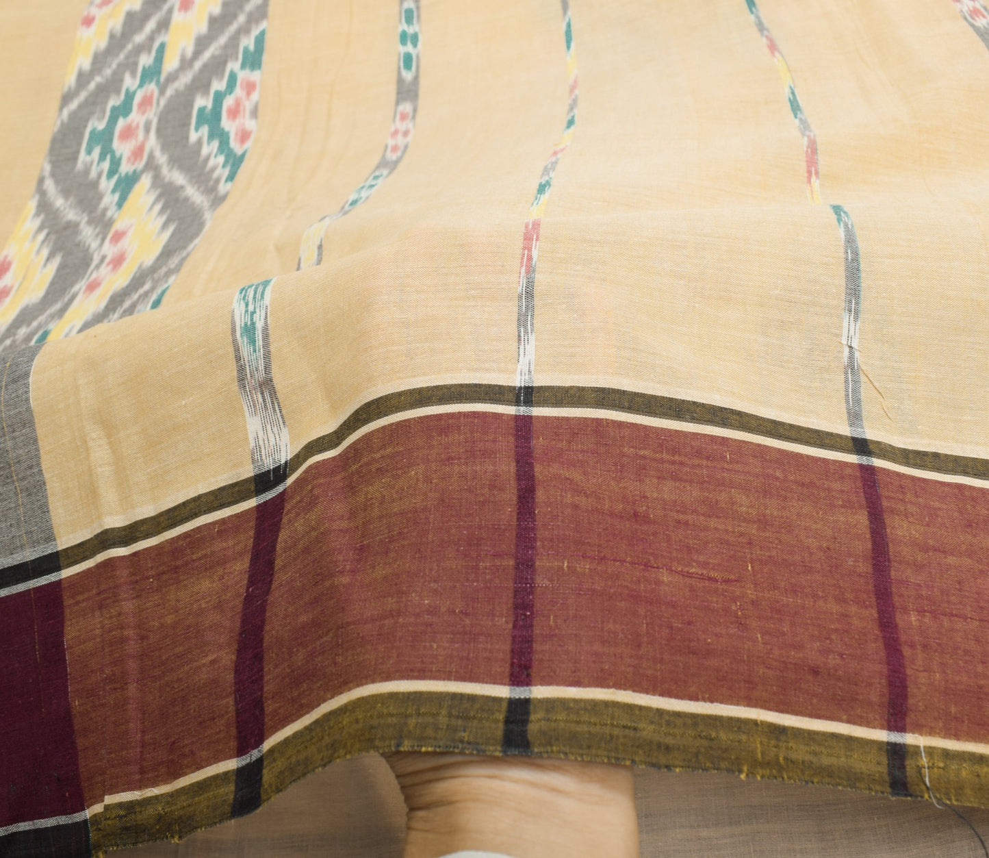 Sushila Vintage Beige Saree HandWoven Ikat Patola Pure Cotton Sari Craft Fabric