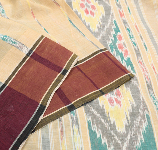 Sushila Vintage Beige Saree HandWoven Ikat Patola Pure Cotton Sari Craft Fabric