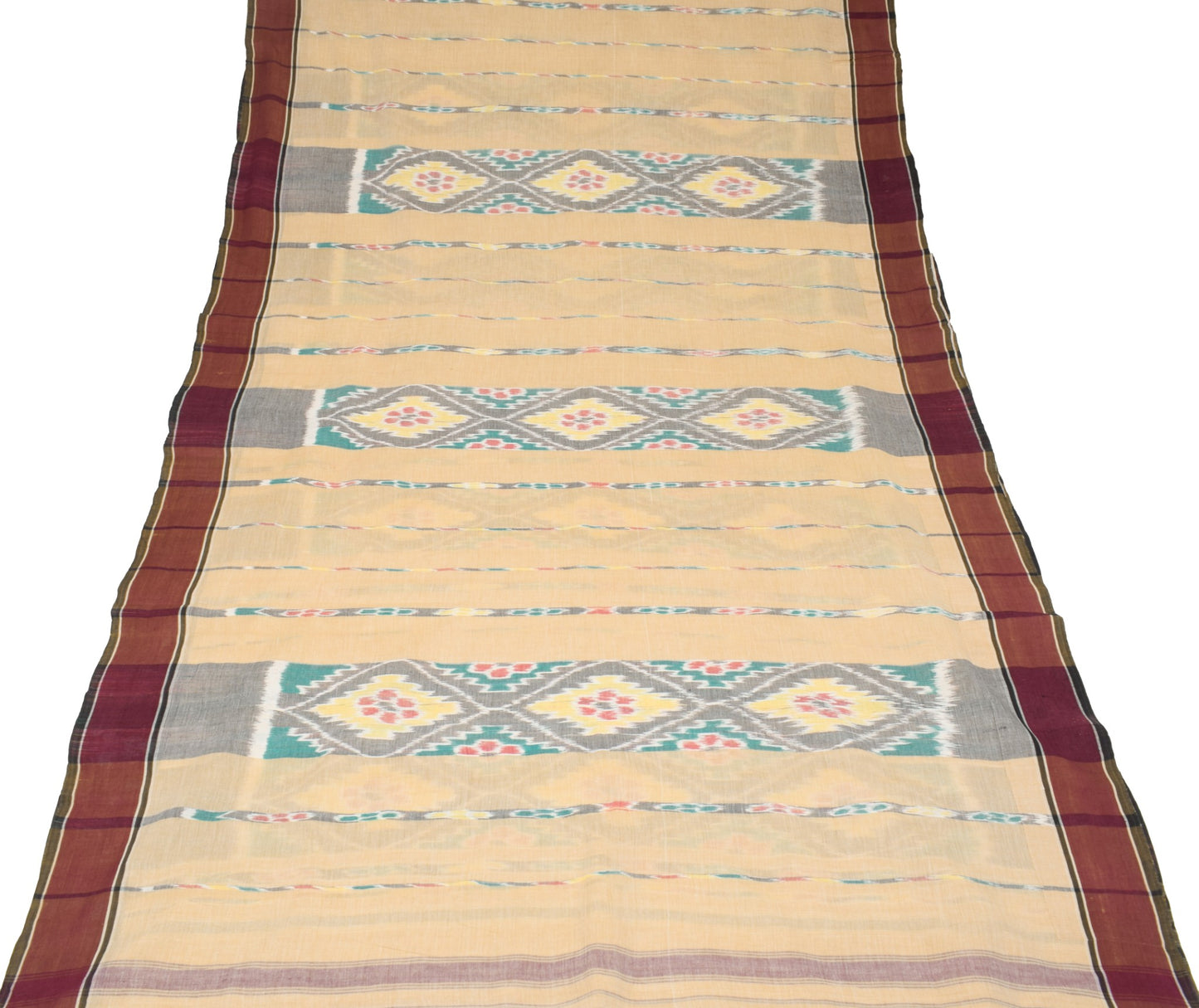 Sushila Vintage Beige Saree HandWoven Ikat Patola Pure Cotton Sari Craft Fabric