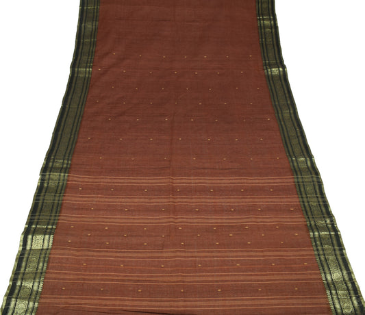 Sushila Vintage Brown Tant Sari from Bengal Woven Border Stripes Pallu Saree