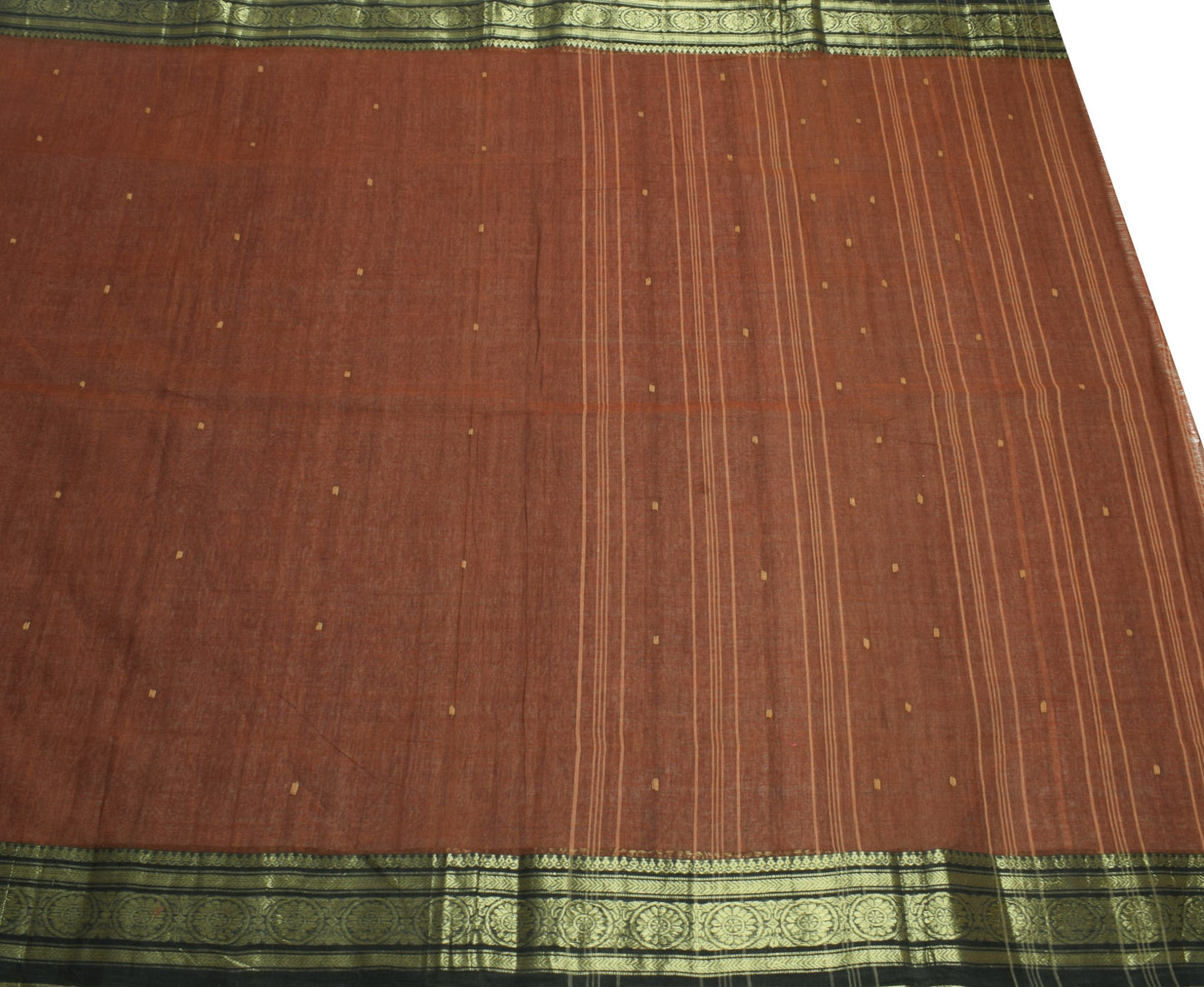 Sushila Vintage Brown Tant Sari from Bengal Woven Border Stripes Pallu Saree