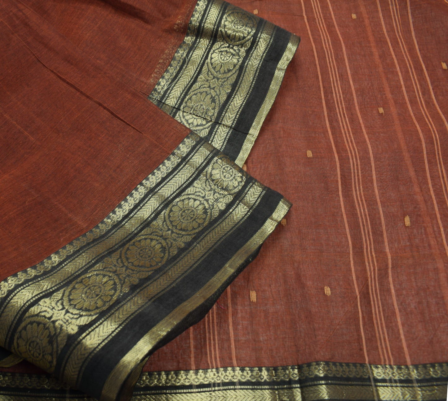 Sushila Vintage Brown Tant Sari from Bengal Woven Border Stripes Pallu Saree