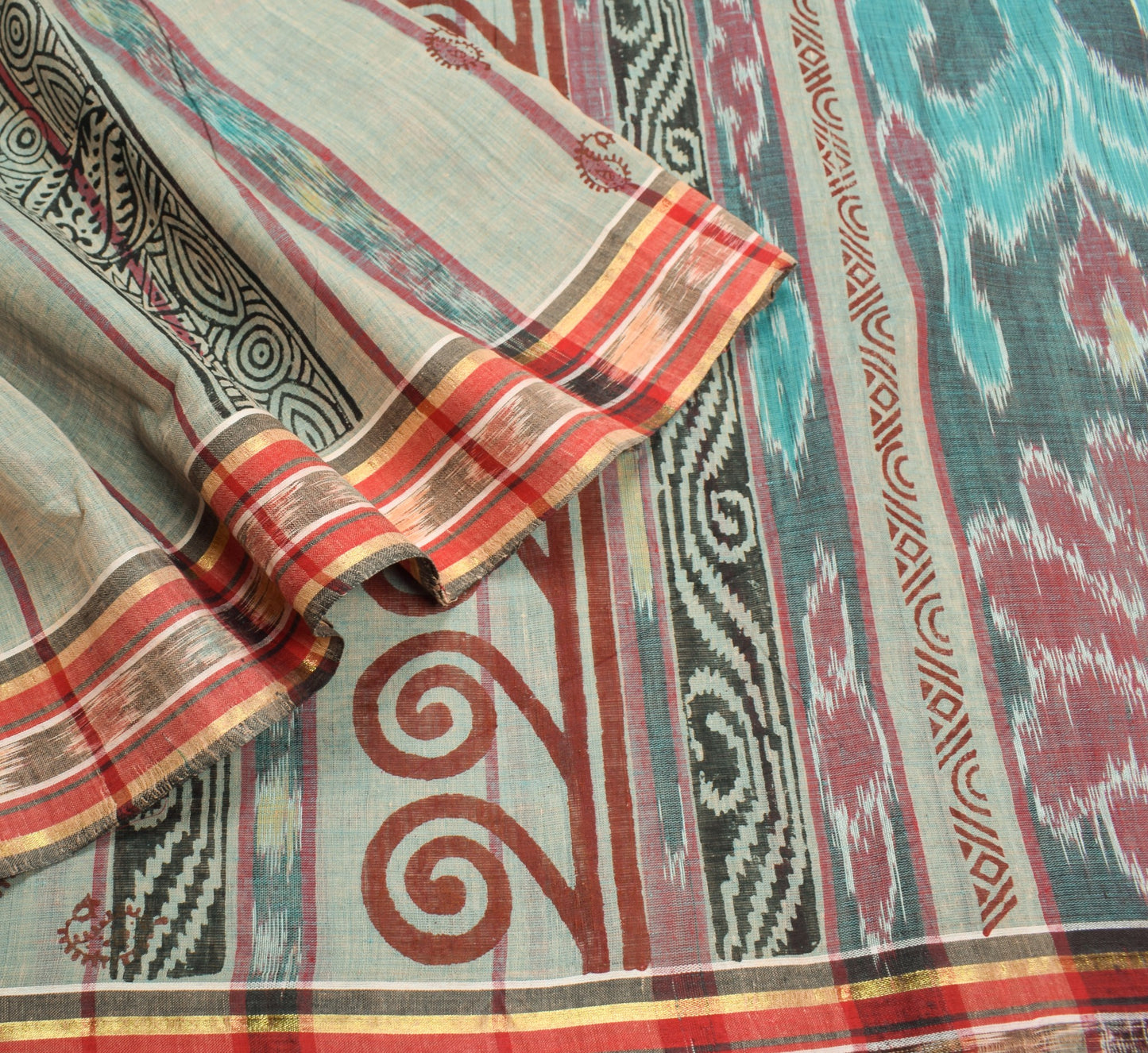 Sushila Vintage Hand Woven Ikat Patola Saree Pure Cotton Hand Block Sari Fabric