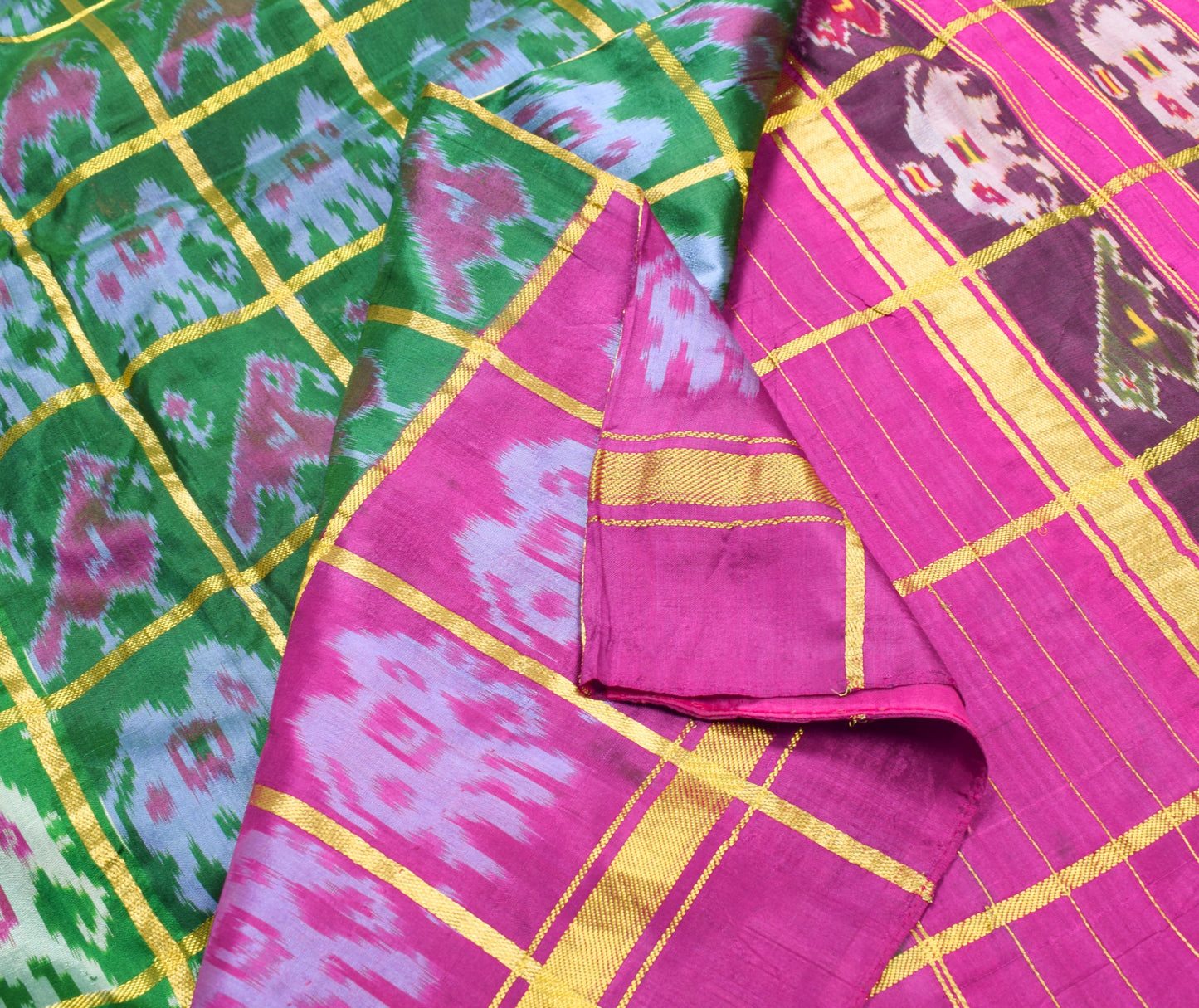 Sushila Vintage Green Patola Saree Pure Silk Handloom Checks Ikat Sari Fabric