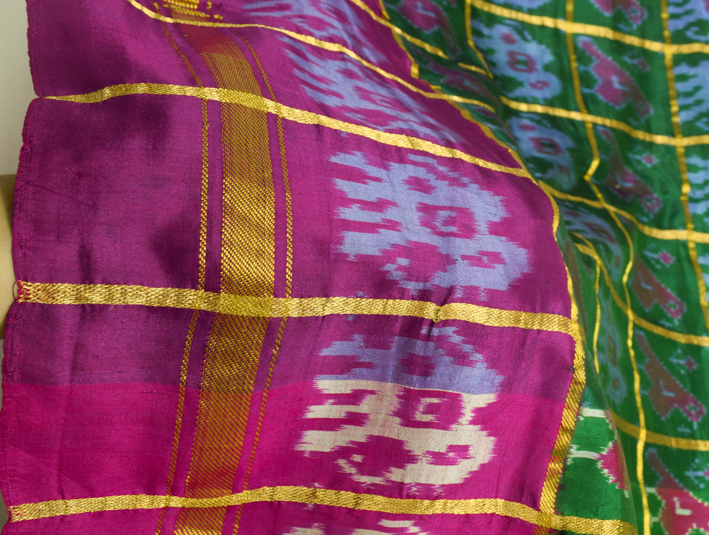 Sushila Vintage Green Patola Saree Pure Silk Handloom Checks Ikat Sari Fabric