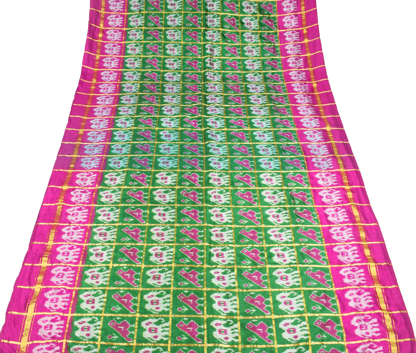 Sushila Vintage Green Patola Saree Pure Silk Handloom Checks Ikat Sari Fabric
