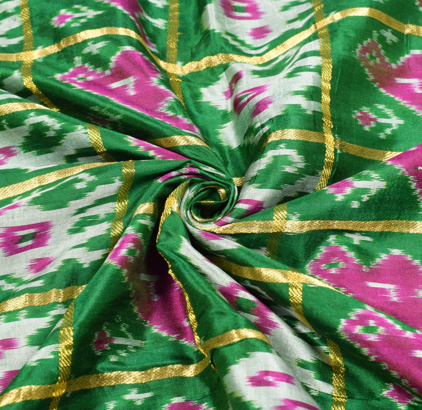 Sushila Vintage Green Patola Saree Pure Silk Handloom Checks Ikat Sari Fabric