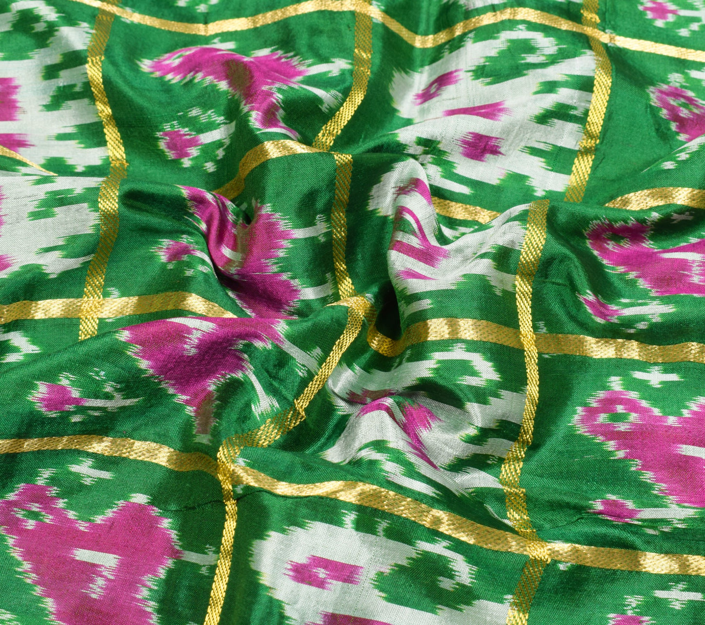 Sushila Vintage Green Patola Saree Pure Silk Handloom Checks Ikat Sari Fabric